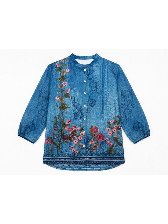 Unbranded Tops - Women’s Blue Floral Boho Blouse Lightweight Button Up Shirt Cottagecore Romantic